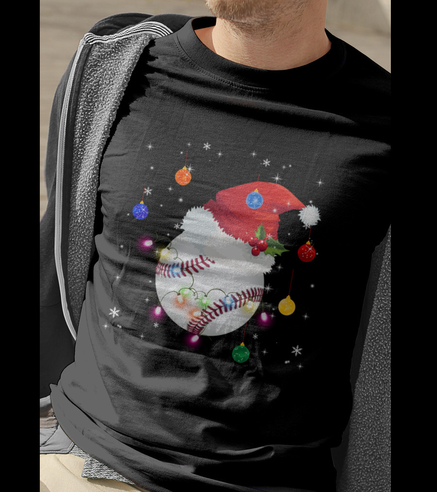 Santa Hat Baseball Christmas Ornaments Holiday Lights Snowflakes T-Shirt