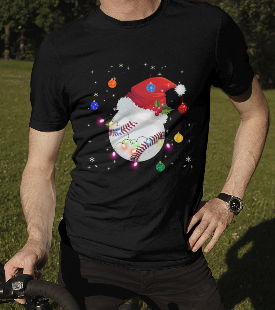 Santa Hat Baseball Christmas Ornaments Holiday Lights Snowflakes T-Shirt