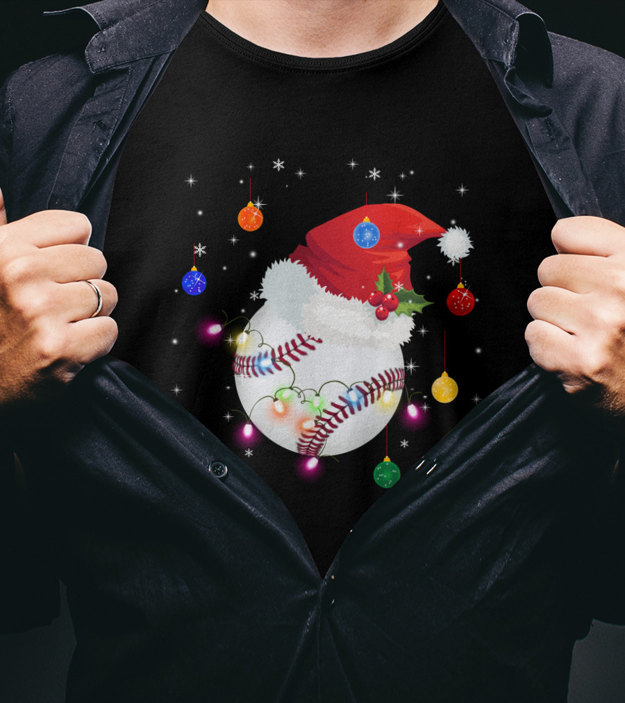 Santa Hat Baseball Christmas Ornaments Holiday Lights Snowflakes T-Shirt