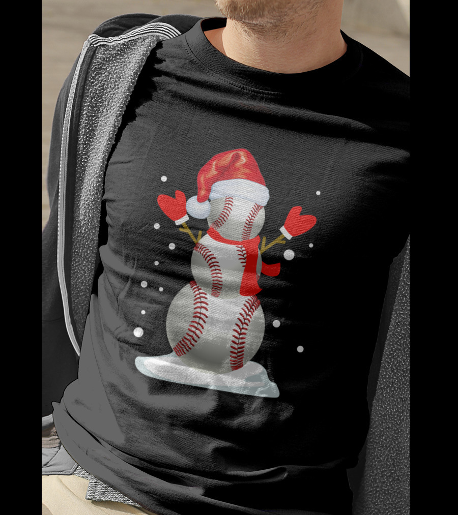 Baseball-Themed Snowman With Santa Hat And Mittens Winter Holiday T-Shirt