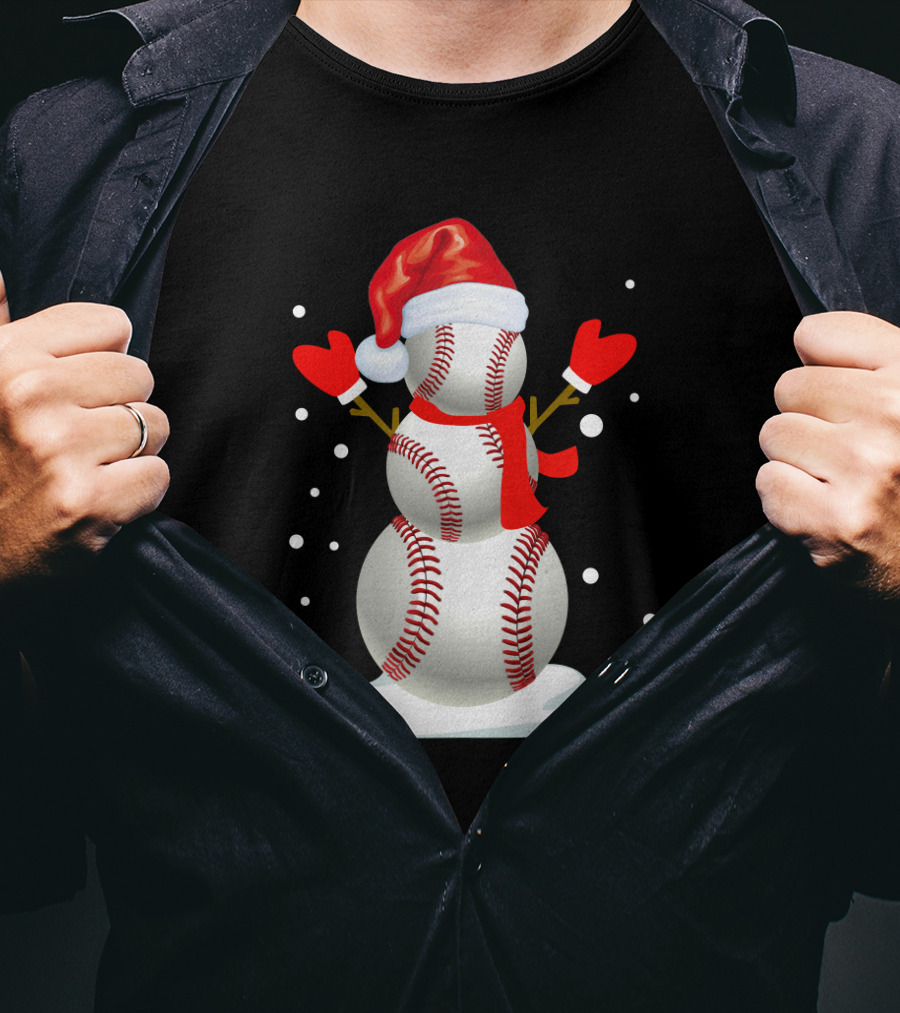 Baseball-Themed Snowman With Santa Hat And Mittens Winter Holiday T-Shirt