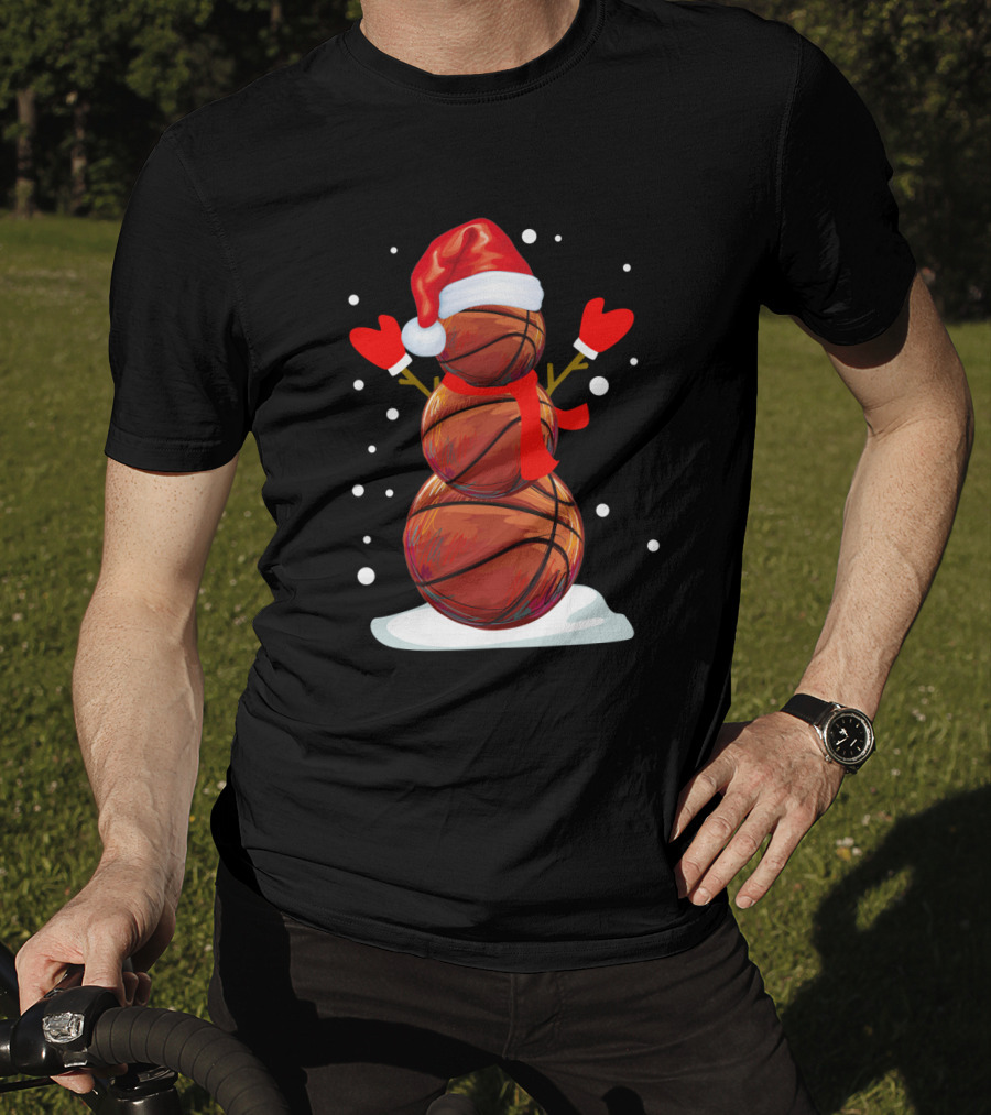 Basketball Snowman With Santa Hat And Red Mittens T-Shirt