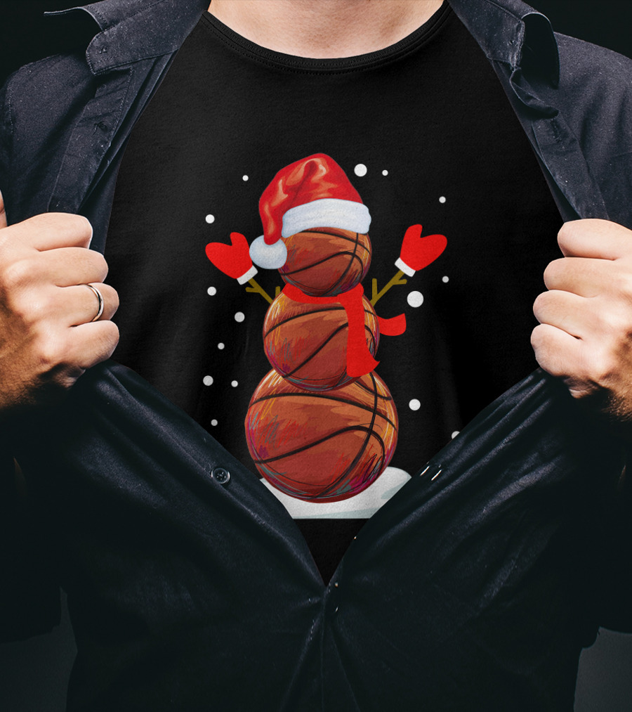 Basketball Snowman With Santa Hat And Red Mittens T-Shirt