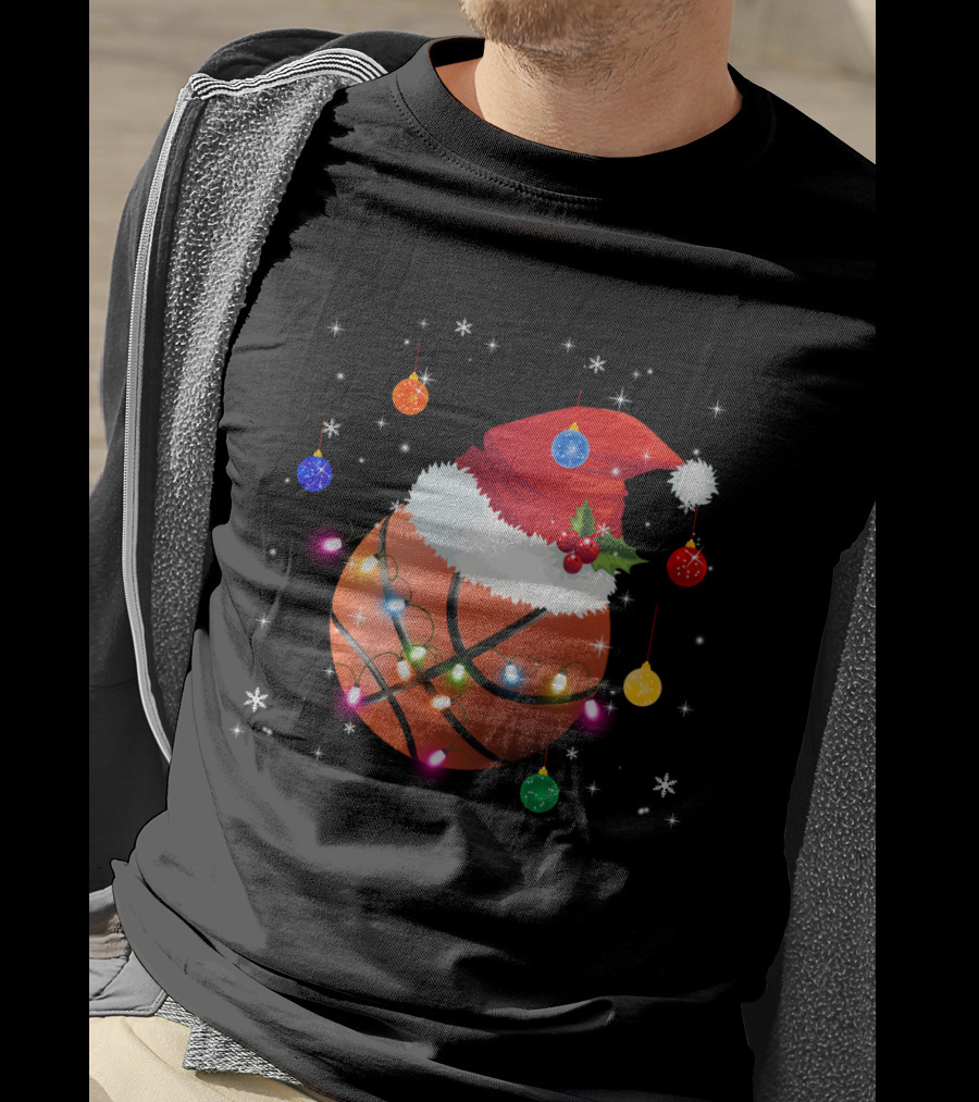 Santa Hat Basketball With Christmas Lights And Ornaments T-Shirt