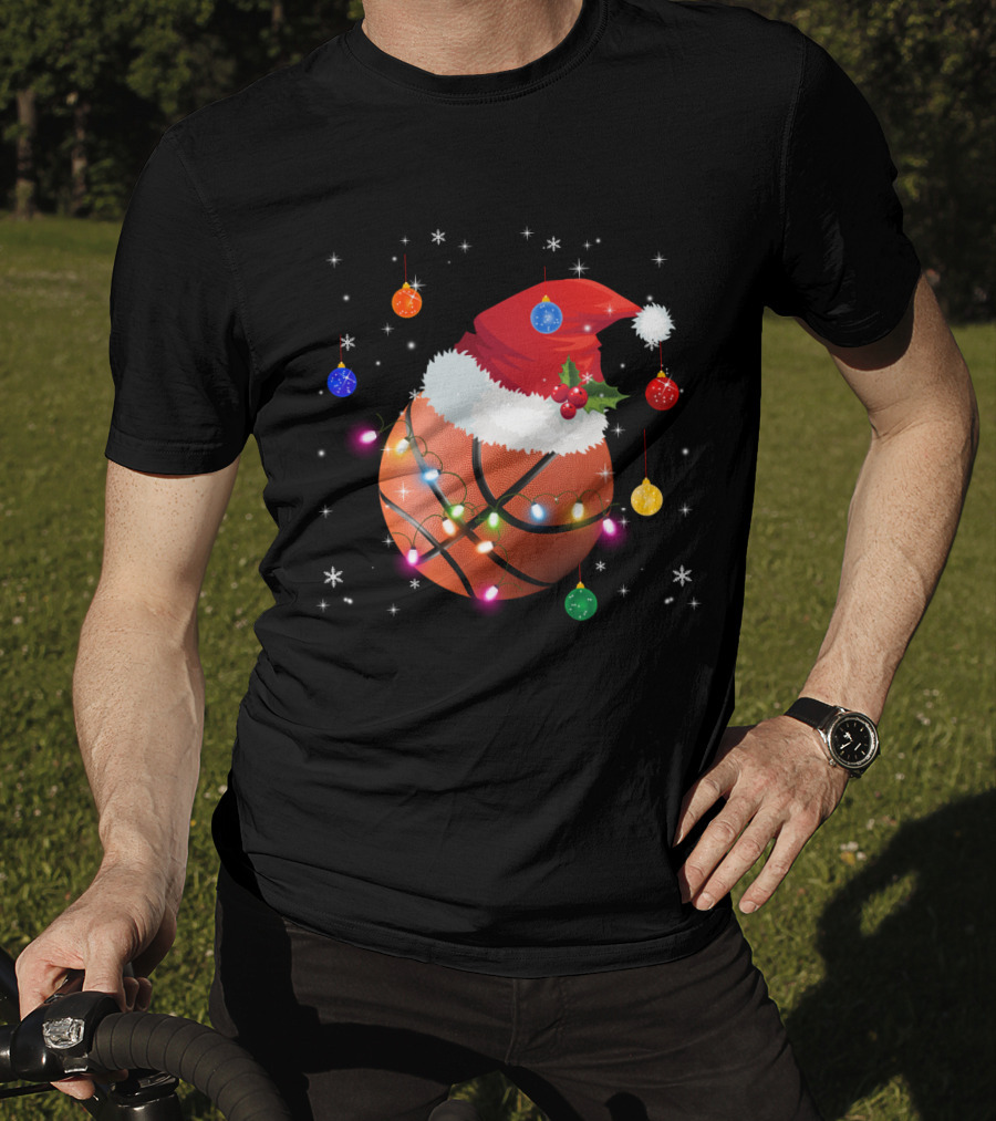 Santa Hat Basketball With Christmas Lights And Ornaments T-Shirt