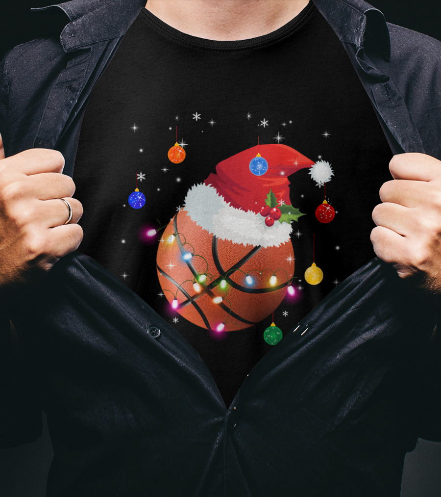 Santa Hat Basketball With Christmas Lights And Ornaments T-Shirt