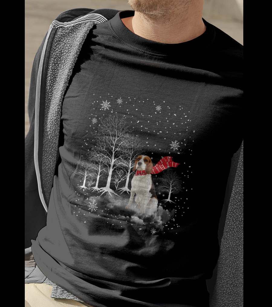 Basset Hound Winter Wonderland Snowy Trees Red Scarf T-Shirt