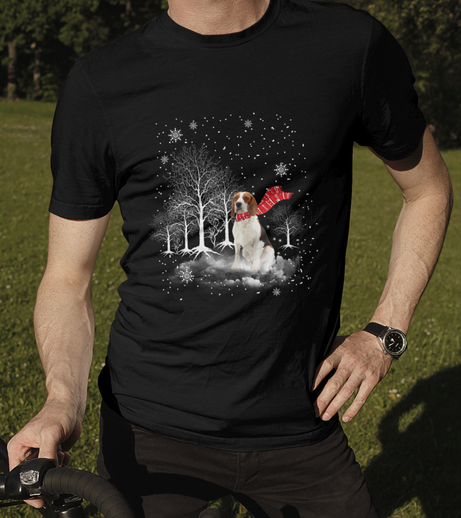 Basset Hound Winter Wonderland Snowy Trees Red Scarf T-Shirt