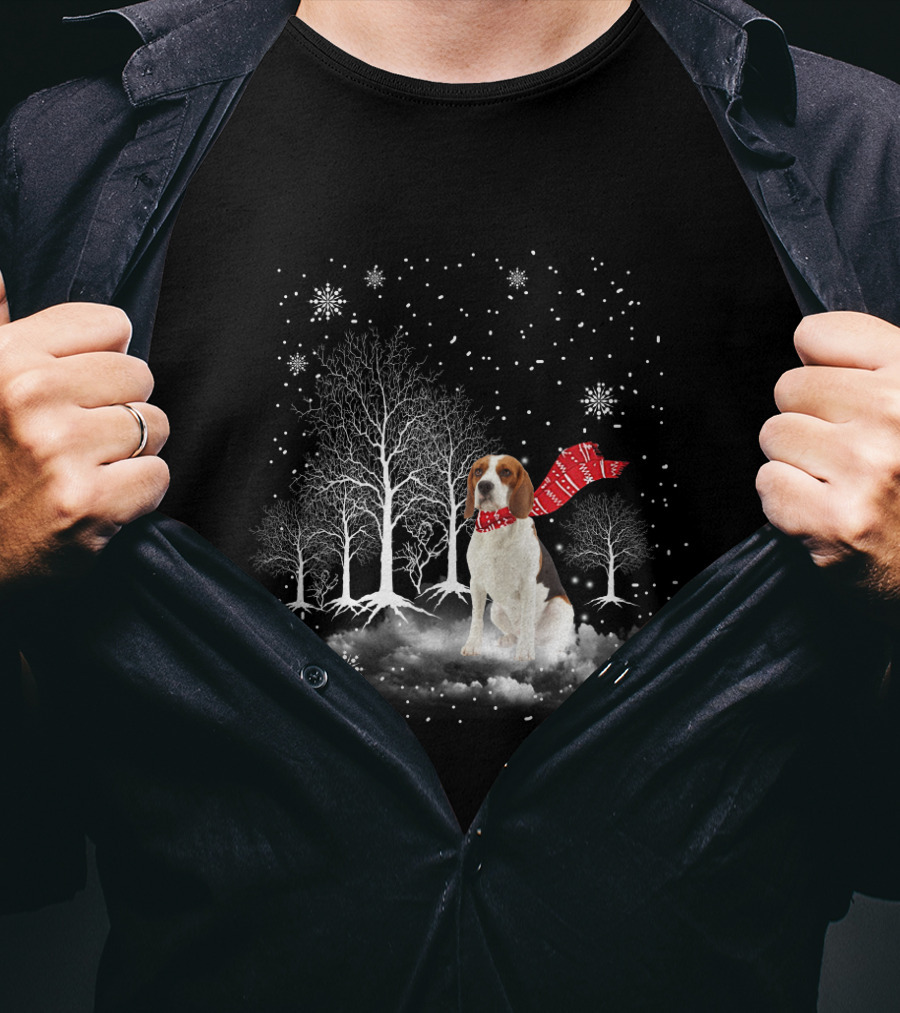Basset Hound Winter Wonderland Snowy Trees Red Scarf T-Shirt
