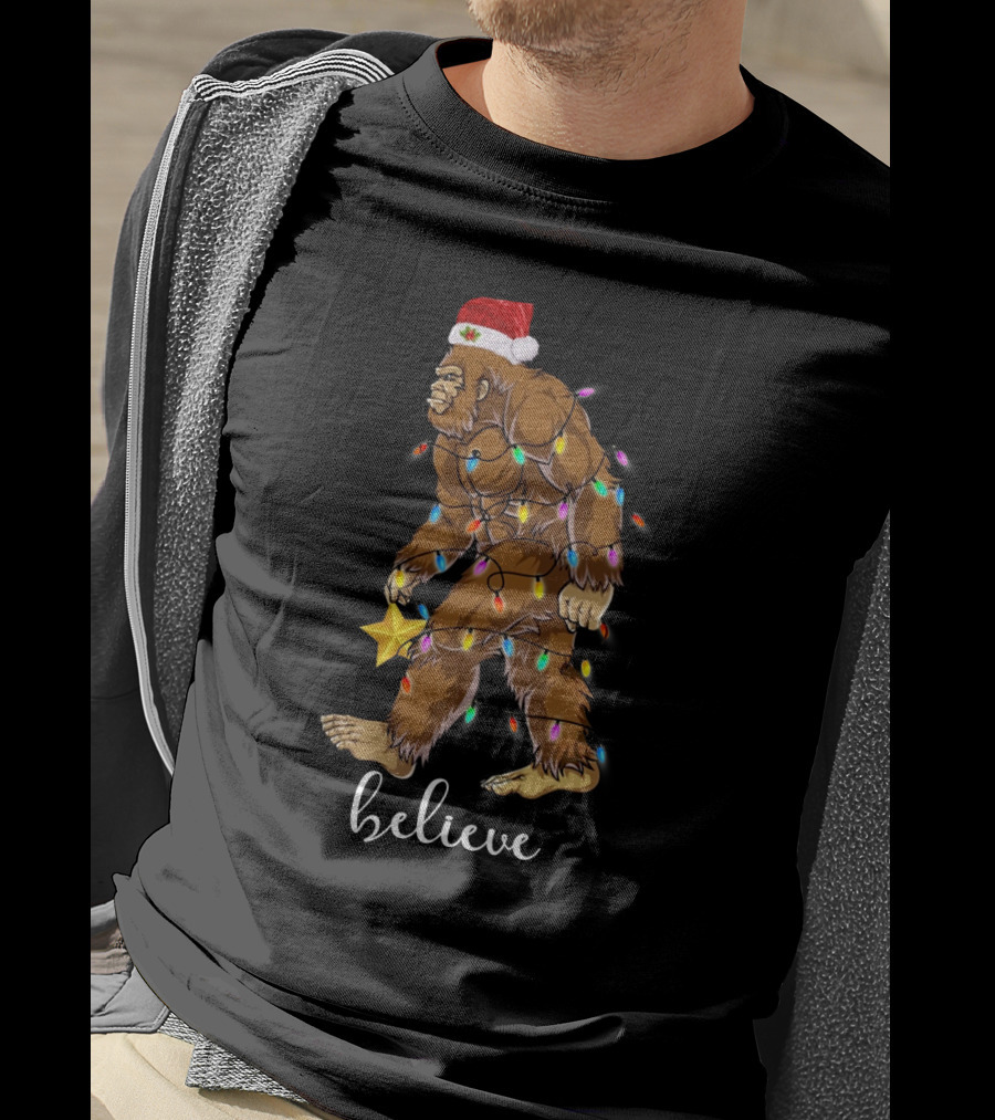 Bigfoot Christmas Lights Believe With Santa Hat And Star T-Shirt