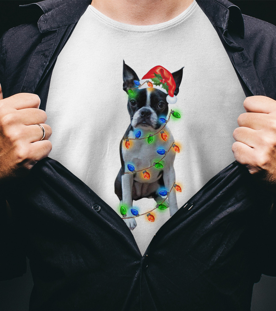 Boston Terrier With Christmas Lights And Santa Hat T-Shirt