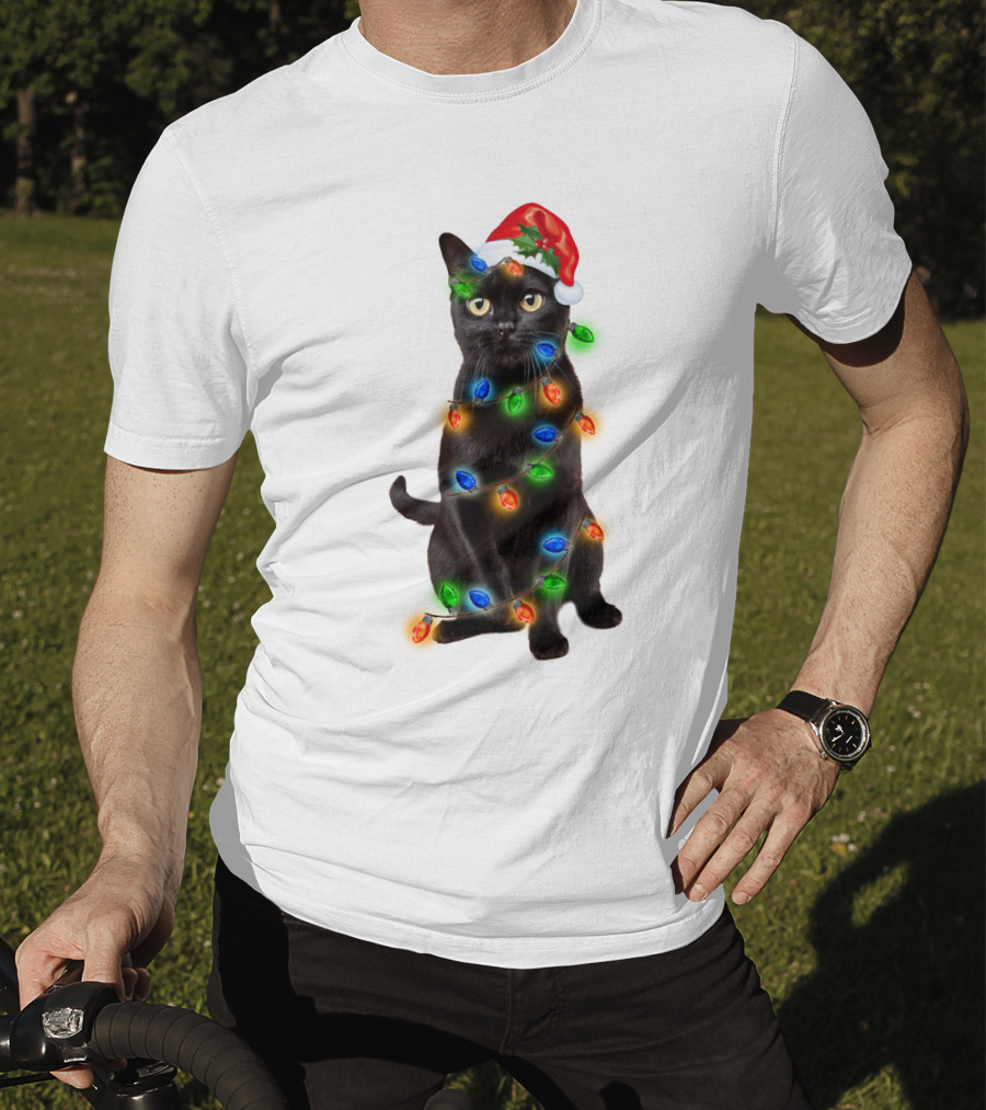 Santa Hat Black Cat Wrapped In Colorful Christmas Lights T-Shirt