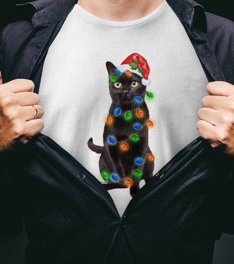 Santa Hat Black Cat Wrapped In Colorful Christmas Lights T-Shirt