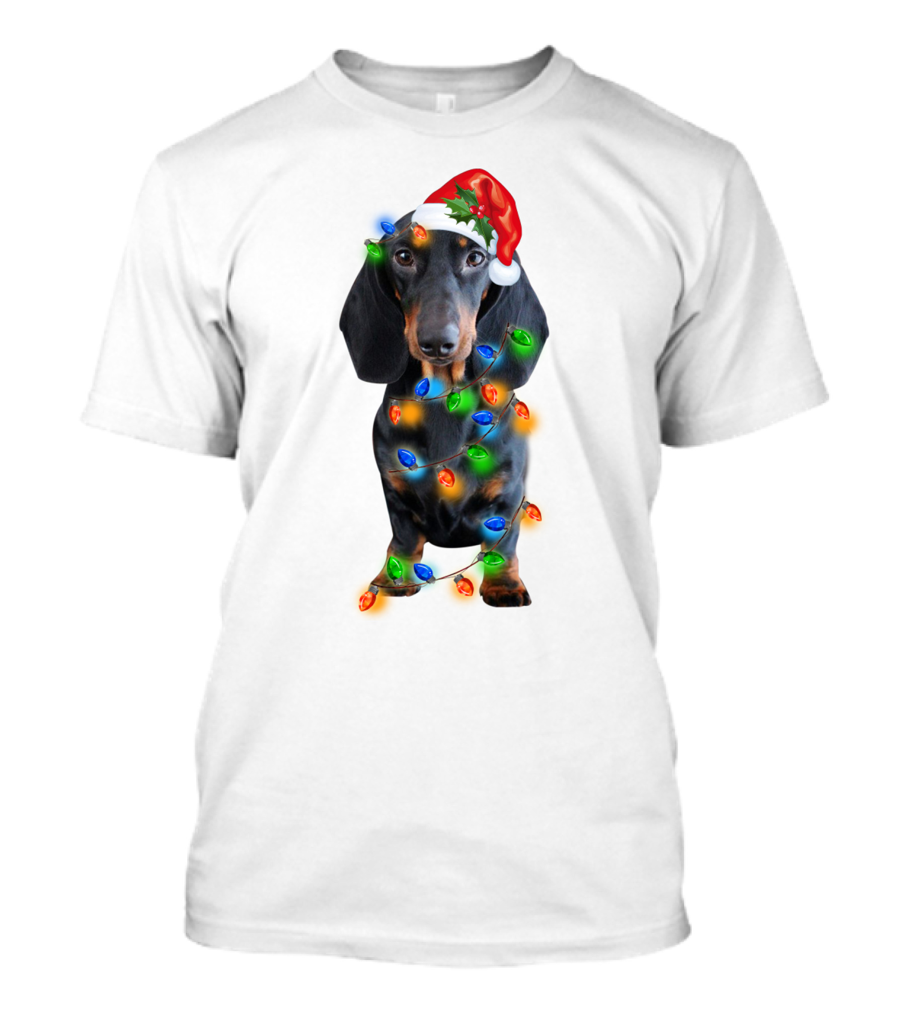 Black Dachshund Wearing Santa Hat And Wrapped In Christmas Lights T-Shirt