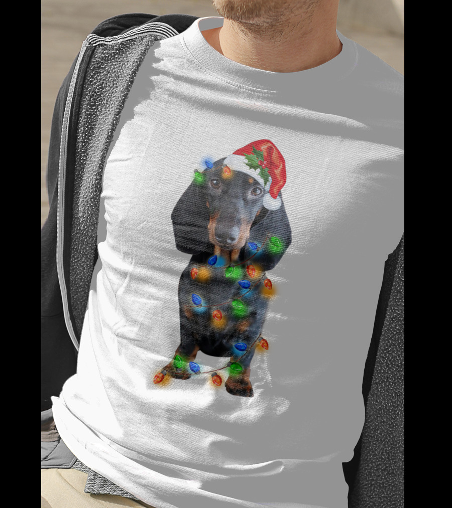 Black Dachshund Wearing Santa Hat And Wrapped In Christmas Lights T-Shirt