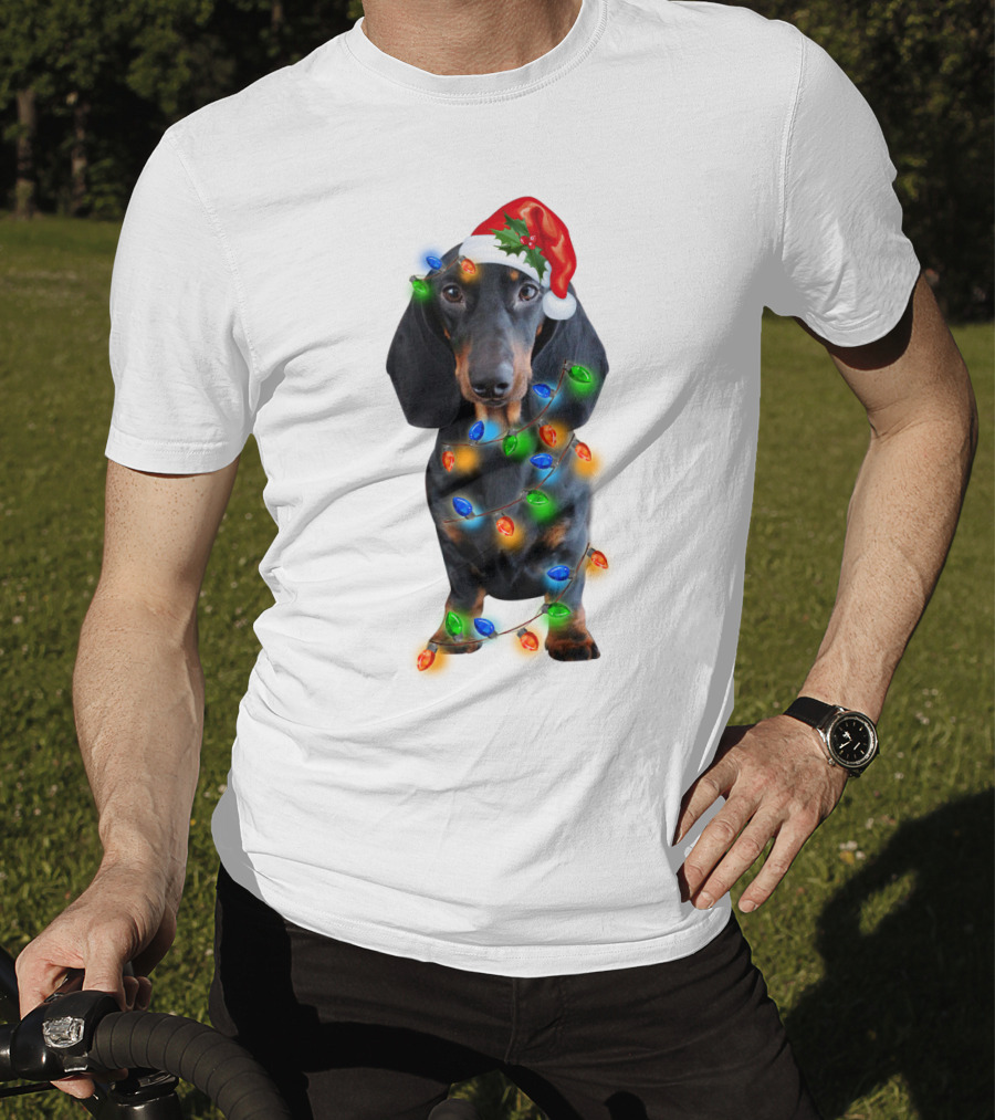 Black Dachshund Wearing Santa Hat And Wrapped In Christmas Lights T-Shirt