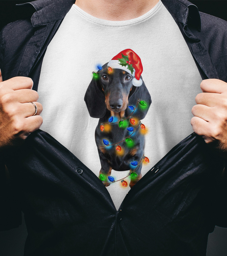 Black Dachshund Wearing Santa Hat And Wrapped In Christmas Lights T-Shirt