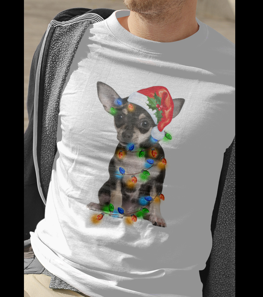 Black Chihuahua Wearing Santa Hat Wrapped In Colorful Christmas Lights T-Shirt
