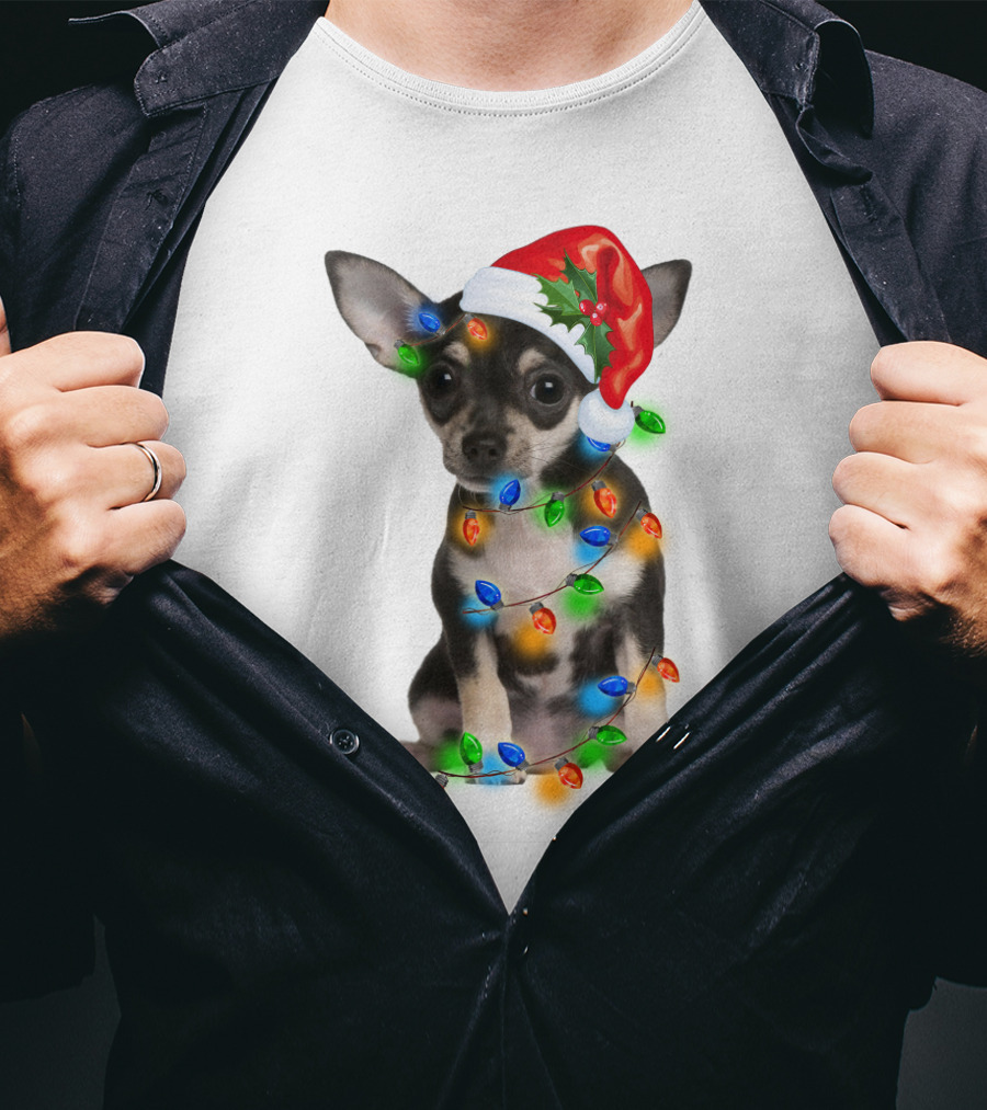 Black Chihuahua Wearing Santa Hat Wrapped In Colorful Christmas Lights T-Shirt