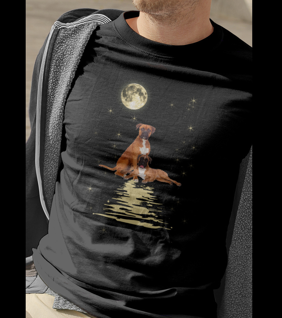 Boxer Dog Under Starry Sky Moonlit Reflection T-Shirt