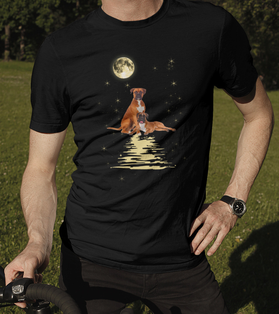 Boxer Dog Under Starry Sky Moonlit Reflection T-Shirt