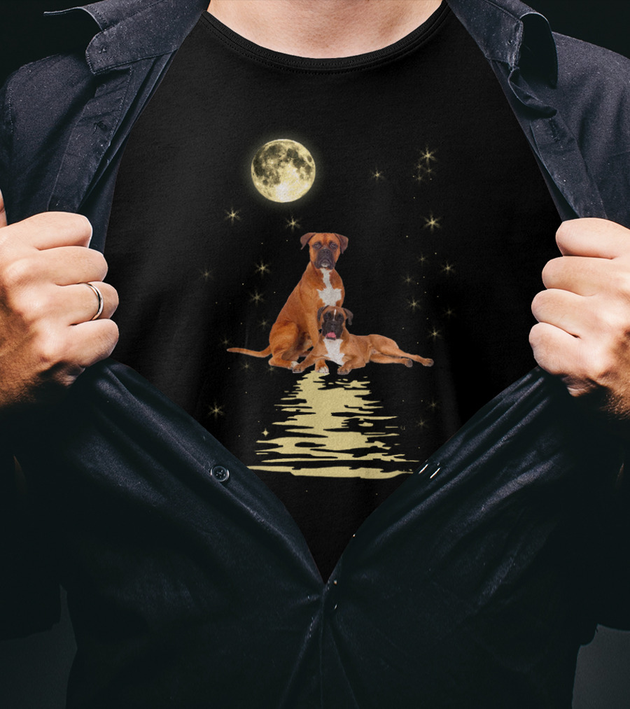 Boxer Dog Under Starry Sky Moonlit Reflection T-Shirt