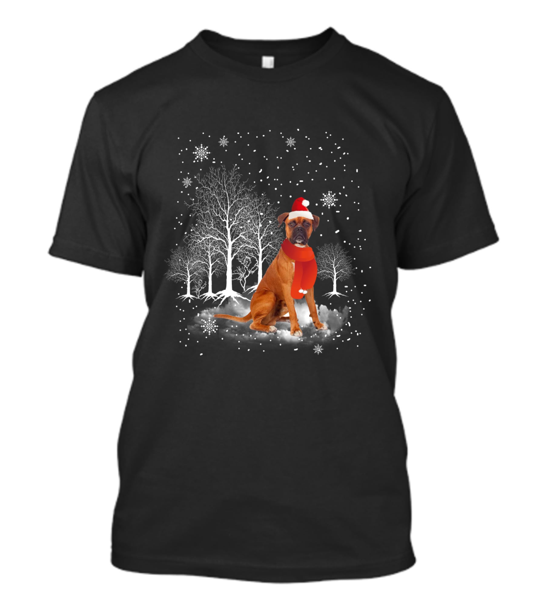 Boxer Dog With Santa Hat And Scarf In Snowy Winter Wonderland Scene T-Shirt