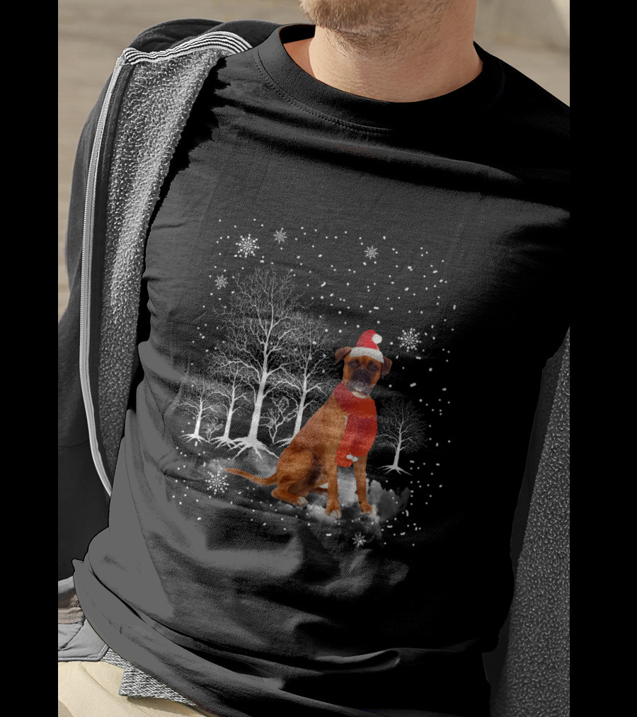Boxer Dog With Santa Hat And Scarf In Snowy Winter Wonderland Scene T-Shirt