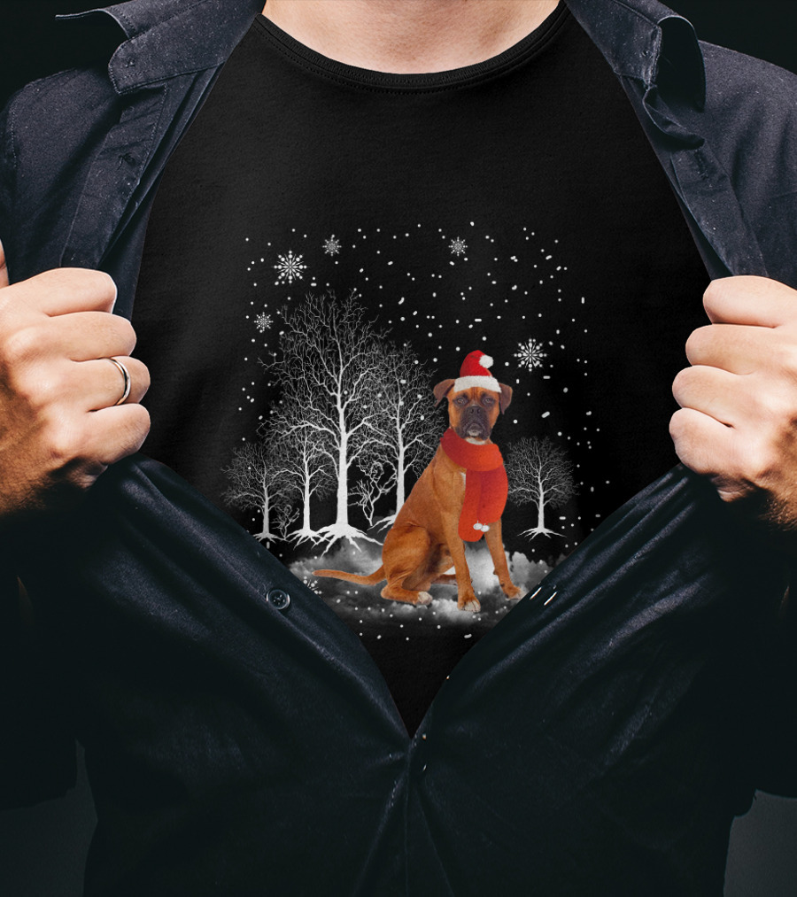 Boxer Dog With Santa Hat And Scarf In Snowy Winter Wonderland Scene T-Shirt