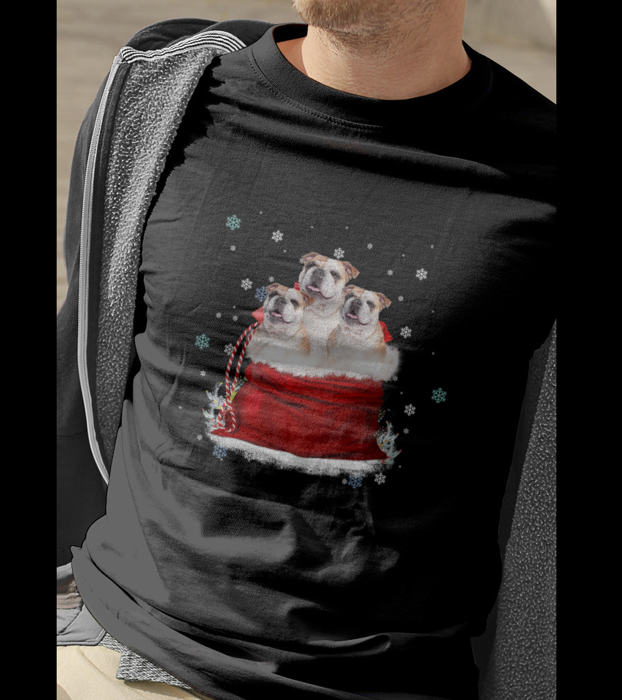 Bulldog Trio Christmas Sack Snowflakes Holiday T-Shirt