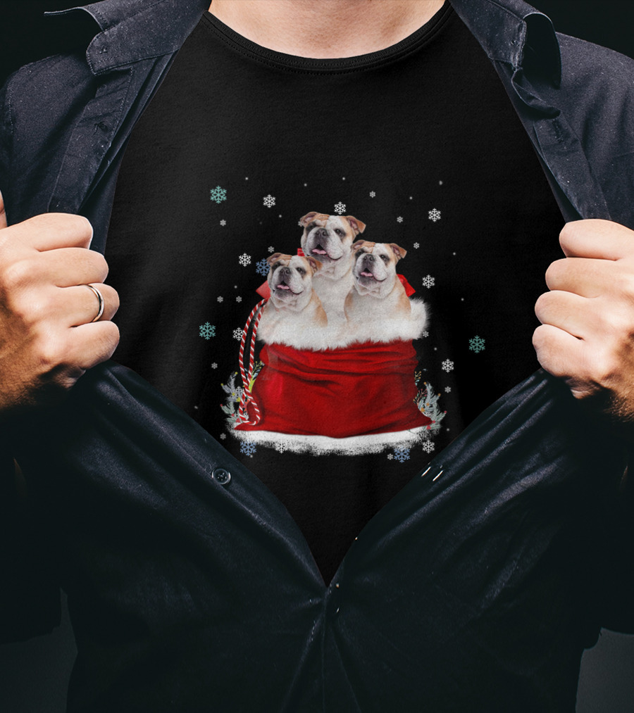 Bulldog Trio Christmas Sack Snowflakes Holiday T-Shirt
