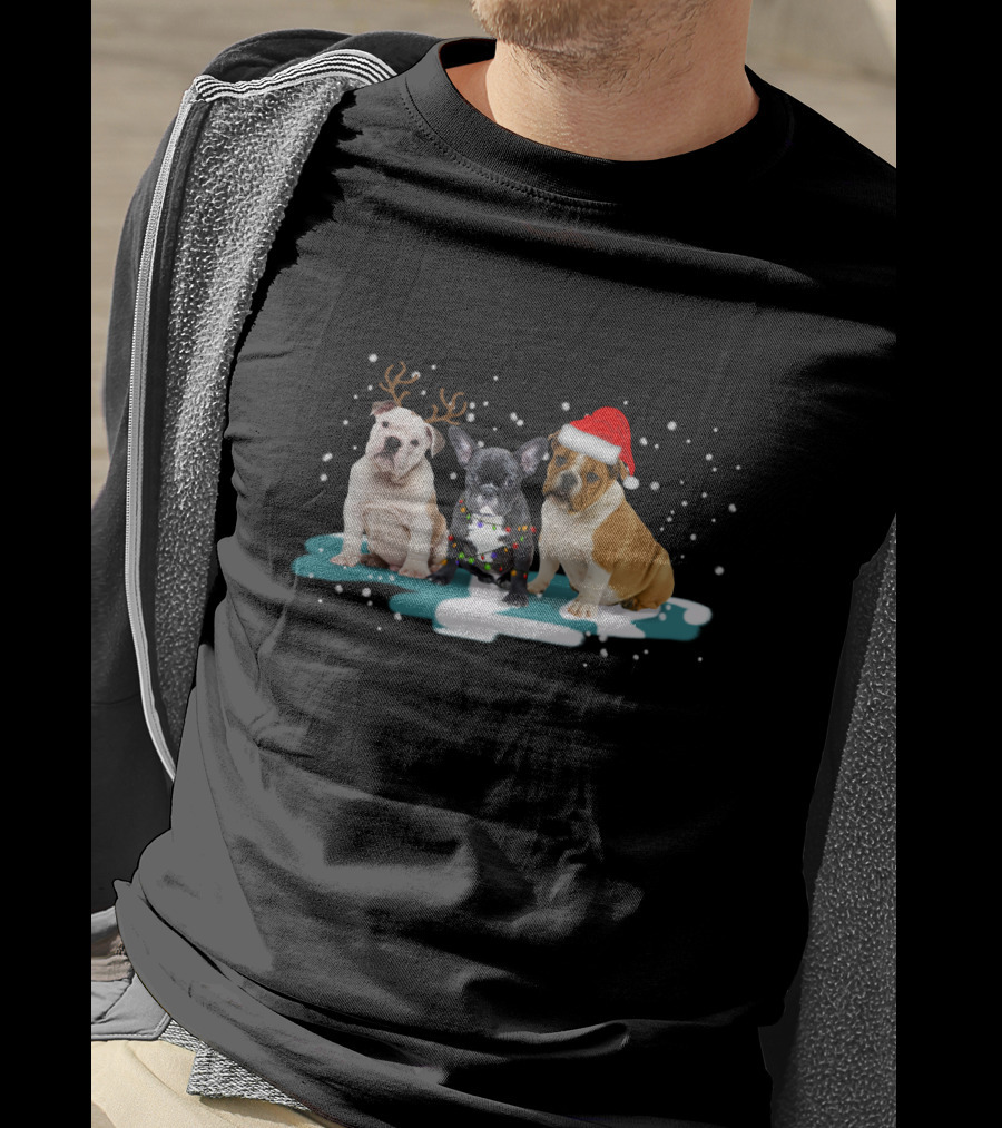 Bulldog Christmas With Reindeer Antlers And Santa Hat For Dog Lovers T-Shirt