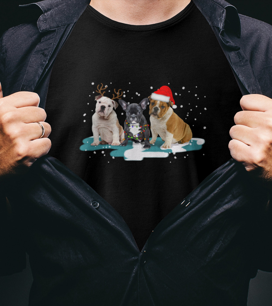 Bulldog Christmas With Reindeer Antlers And Santa Hat For Dog Lovers T-Shirt