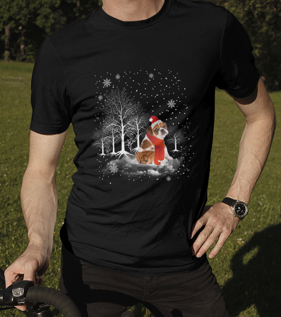 Bulldog In Snowy Forest With Santa Hat And Scarf Amidst Falling Snowflakes T-Shirt