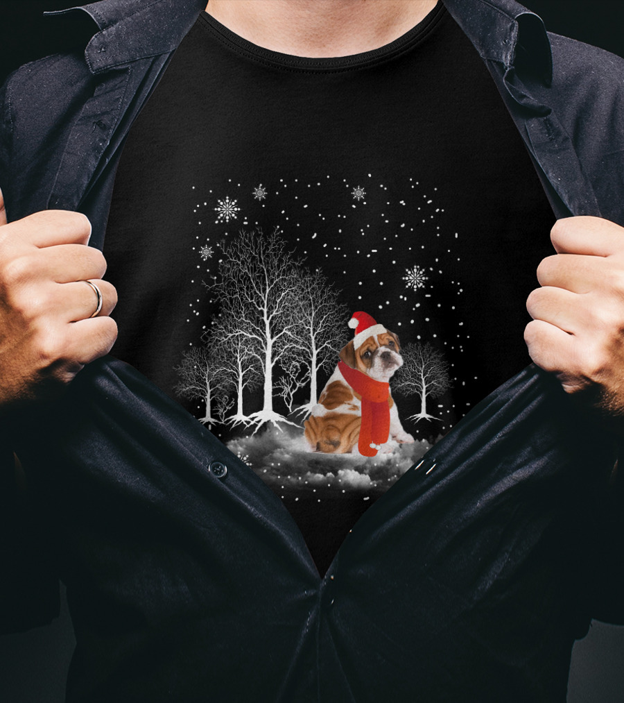 Bulldog In Snowy Forest With Santa Hat And Scarf Amidst Falling Snowflakes T-Shirt