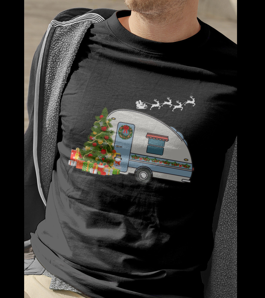 Camper Van With Christmas Tree, Snowman, Presents, And Santa Sleigh T-Shirt