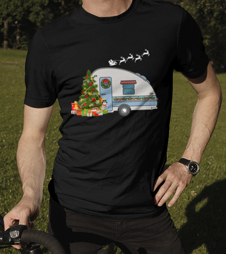 Camper Van With Christmas Tree, Snowman, Presents, And Santa Sleigh T-Shirt