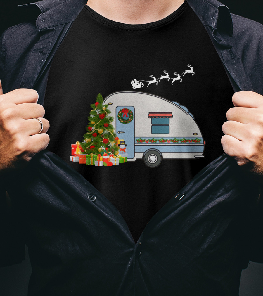 Camper Van With Christmas Tree, Snowman, Presents, And Santa Sleigh T-Shirt