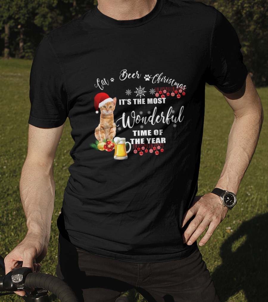 Cat Beer Christmas It's The Most Wonderful Time Of The Year Snowflakes Santa Hat T-Shirt