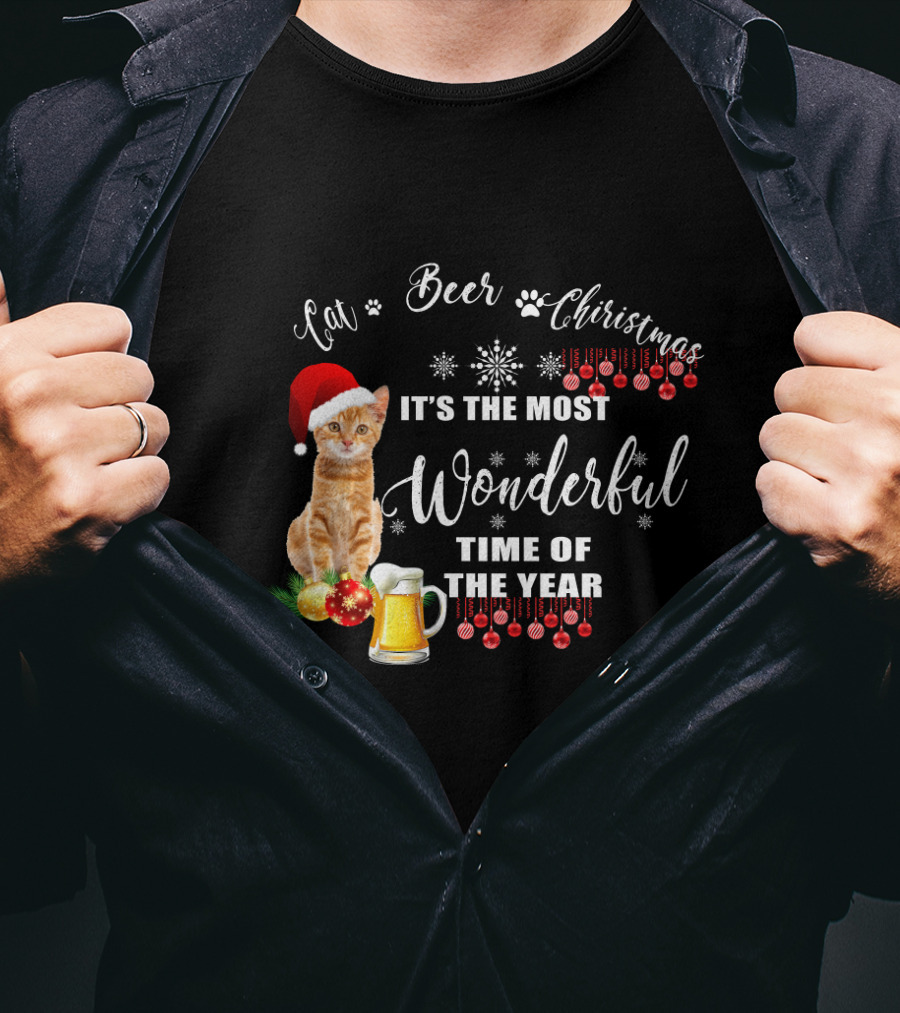 Cat Beer Christmas It's The Most Wonderful Time Of The Year Snowflakes Santa Hat T-Shirt