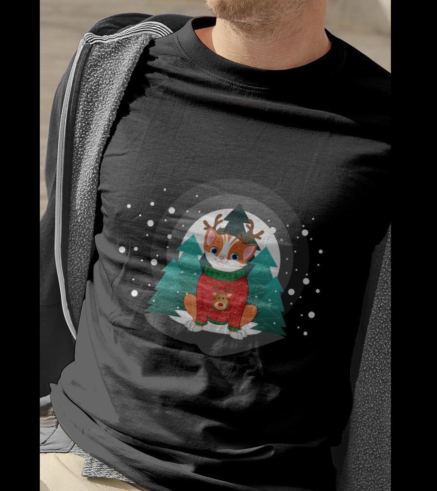 Cat Terrier Christmas Sweater With Snowy Trees And Reindeer Antlers T-Shirt