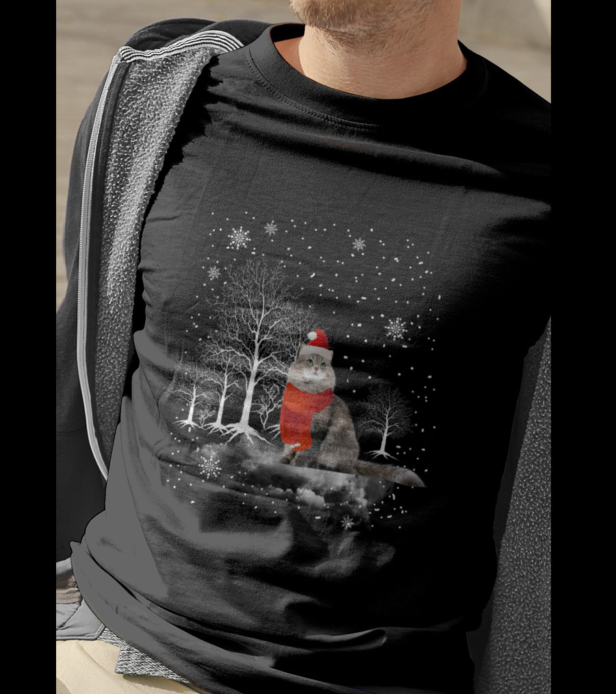 Cat In Snowy Winter Scene With Red Santa Hat And Scarf T-Shirt