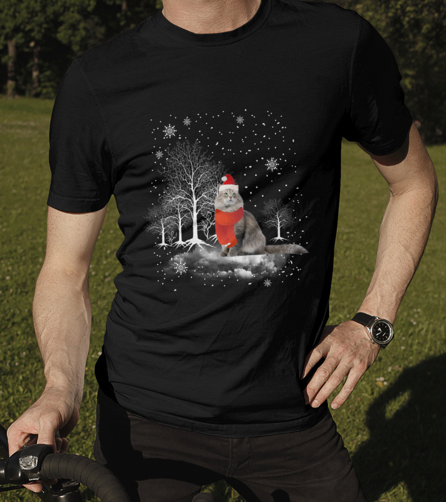 Cat In Snowy Winter Scene With Red Santa Hat And Scarf T-Shirt