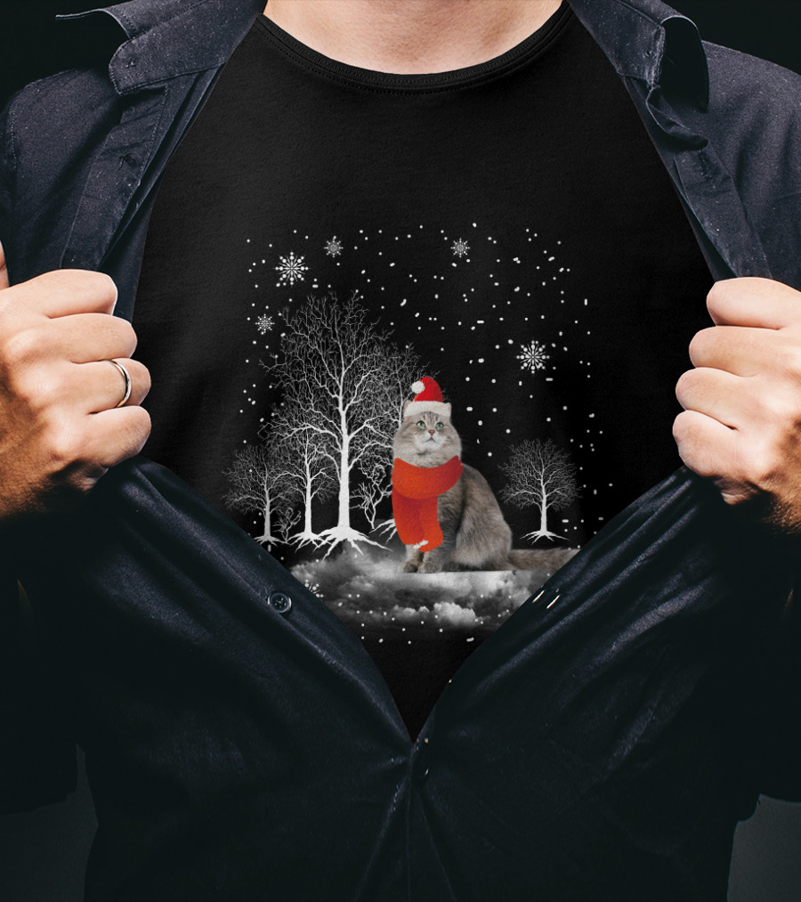 Cat In Snowy Winter Scene With Red Santa Hat And Scarf T-Shirt