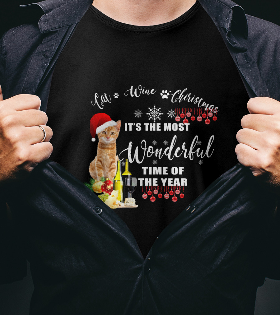 Cat Wine Christmas It's The Most Wonderful Time Of The Year T-Shirt