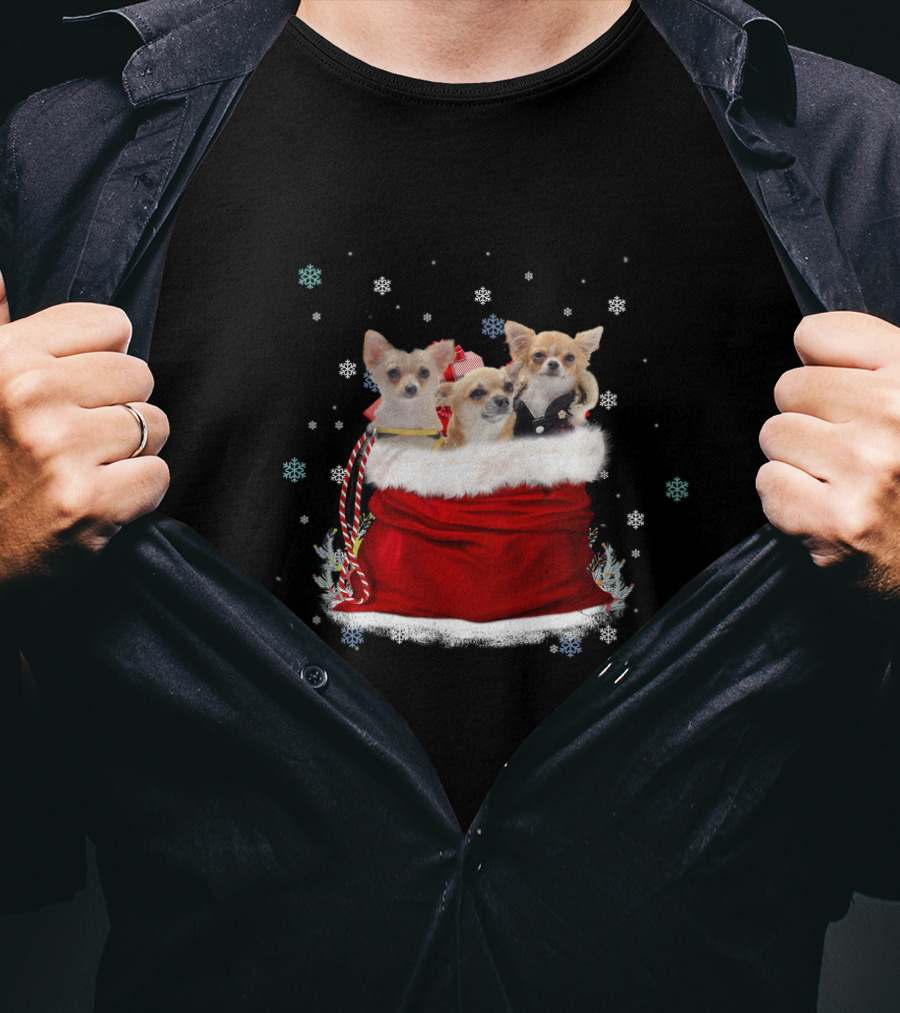 Chihuahua Christmas Trio In Festive Red Santa Bag With Snowflakes T-Shirt