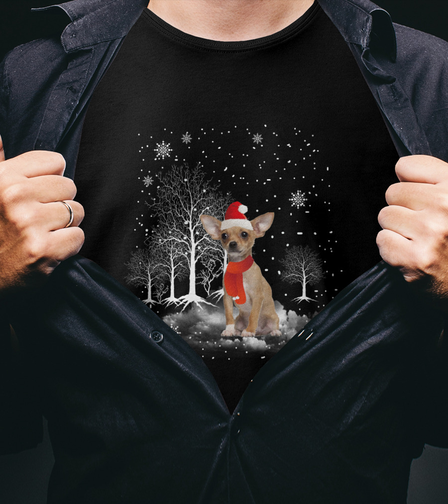 Chihuahua In Santa Hat With Snowflakes And Trees In Winter Wonderland T-Shirt