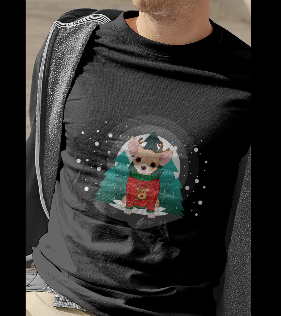 Chihuahua Terrier Wearing Christmas Sweater Snowflake Forest Scene T-Shirt