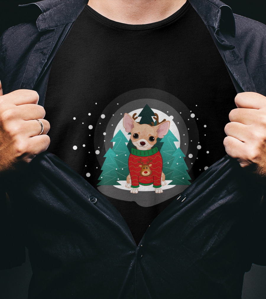 Chihuahua Terrier Wearing Christmas Sweater Snowflake Forest Scene T-Shirt