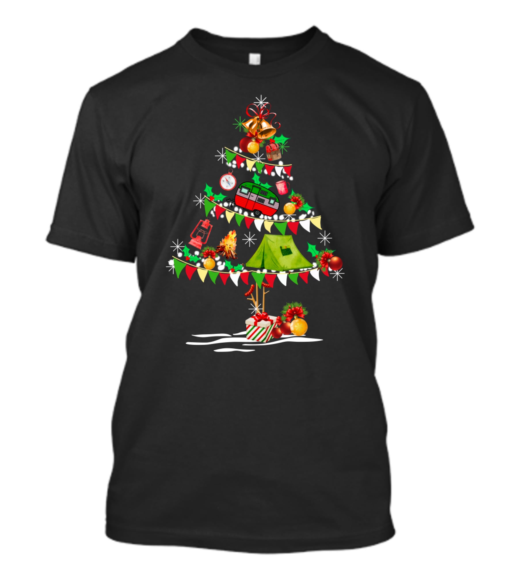 Christmas Tree Decorated With Camper Van, Tent, Bells, Ornaments, Lantern, Pinecones, Wrapped Gifts, And Campfire T-Shirt